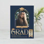 Elegant Modern Stijlvol Fotogoud Navy Afstuderen Kaart (Staand voorkant)