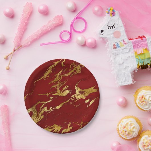 Elegant modern, stijlvol goud en rode marmer papieren bordje (Feest)