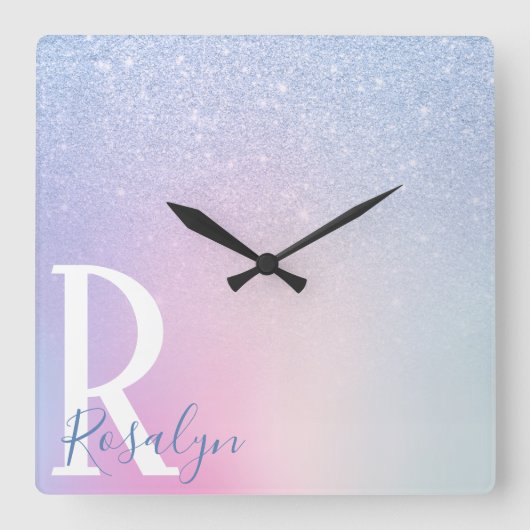 Elegant modern, stijlvol ombre blauw glitter regen vierkante klok (Voorkant)