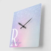 Elegant modern, stijlvol ombre blauw glitter regen vierkante klok (Hoek)