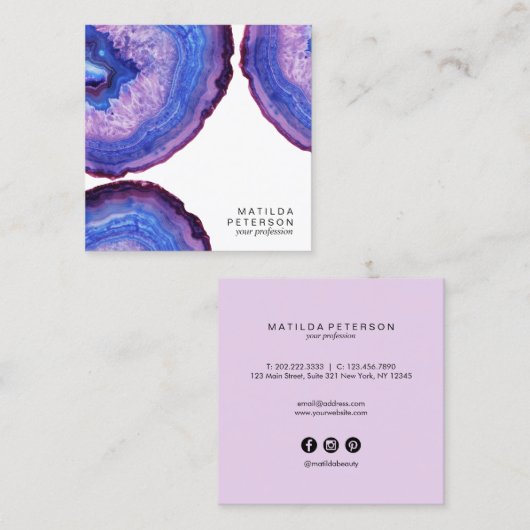 Elegant modern, stijlvol paars agate geode stone vierkante visitekaartje (Voorkant / Achterkant)