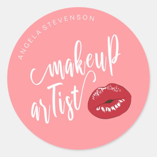 Elegant modern, stijlvol rood lippen roze make-up  ronde sticker (Voorkant)
