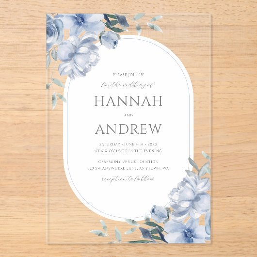 Elegant Modern Stoffig Blauw Bloemen Bruiloft Acryl Uitnodigingen (Voorkant)