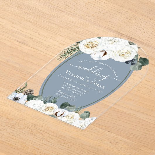 Elegant Modern Stoffig Blauw en Sage Groen Bruilof Acryl Uitnodigingen (Laagn)