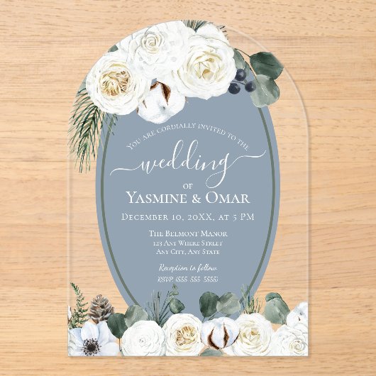 Elegant Modern Stoffig Blauw en Sage Groen Bruilof Acryl Uitnodigingen (Voorkant)