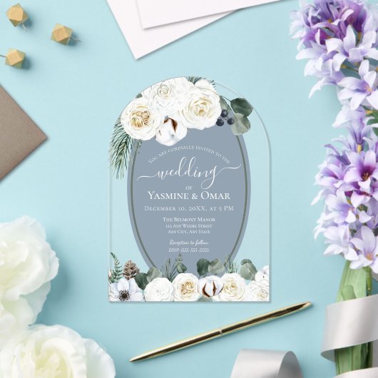 Elegant Modern Stoffig Blauw en Sage Groen Bruilof Acryl Uitnodigingen (Insitu (Huwelijk))