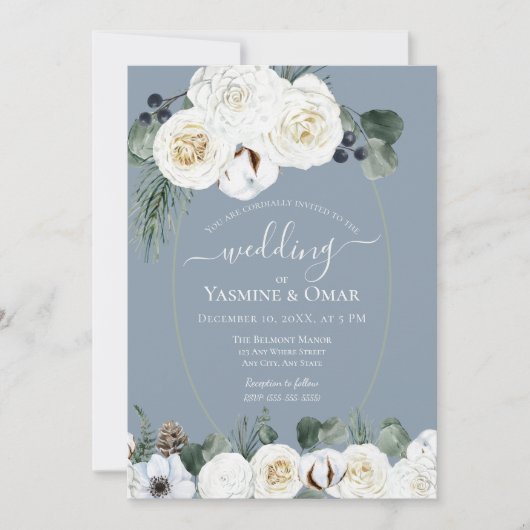 Elegant Modern Stoffig Blauw en Sage Groen Bruilof Kaart (Voorkant)