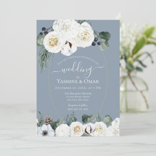 Elegant Modern Stoffig Blauw en Sage Groen Bruilof Kaart (Staand voorkant)