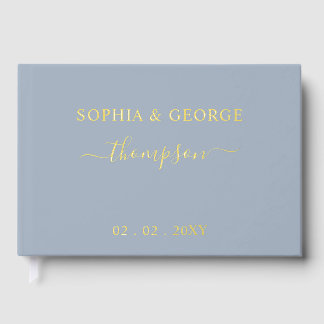 Elegant Modern Stoffig Blauw Goud Bruiloft Gastenboek
