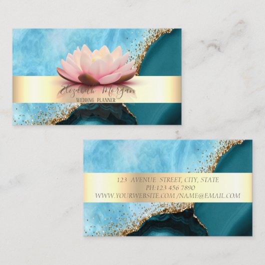Elegant Modern Stripe Lotus Turquoise Marmer Goud Visitekaartje (Voorkant / Achterkant)