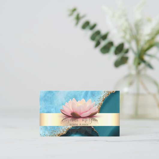 Elegant Modern Stripe Lotus Turquoise Marmer Goud Visitekaartje (Staand voorkant)