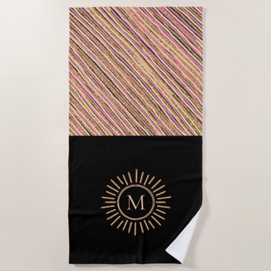 Elegant modern Stripes Monogram roze goud Strandlaken (Voorkant)