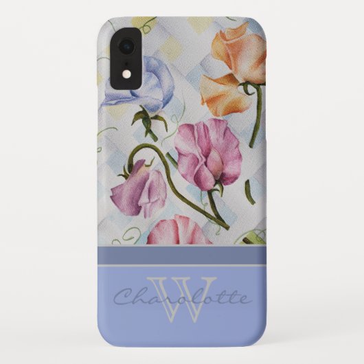 Elegant Modern Sweet Peas w Blue Monogram Name Case-Mate iPhone Case (Achterkant)