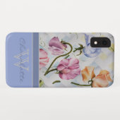 Elegant Modern Sweet Peas w Blue Monogram Name Case-Mate iPhone Case (Achterkant (horizontaal))