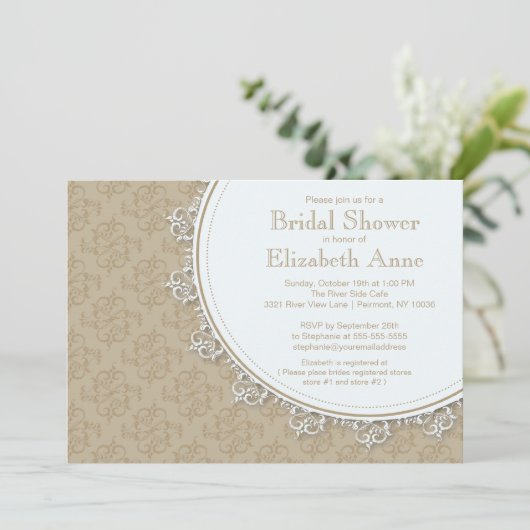Elegant Modern Tan Brown Damask Vrijgezellenfeest Kaart (Staand voorkant)