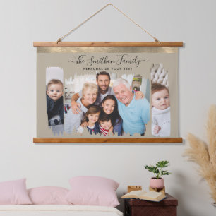 Elegant modern taupe en goud voeg uw foto familie hangend wandkleed