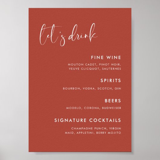 Elegant & Modern Terracotta bruiloft Bar menu Poster (Voorkant)