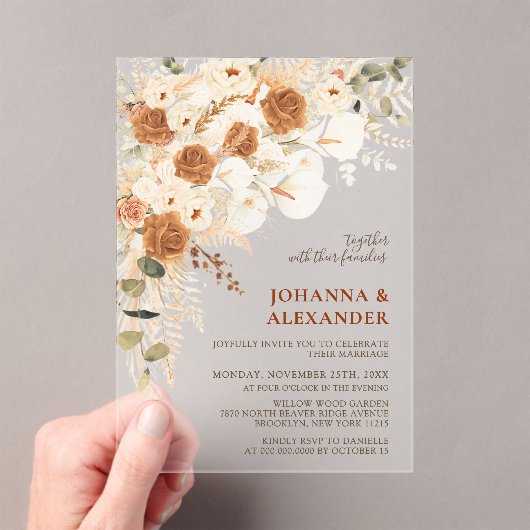 Elegant Modern Terracotta Wedding Acryl Uitnodigingen (Insitu (Draagbaar))