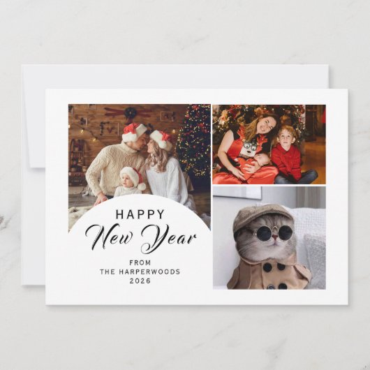 Elegant Modern Trendy Happy New Year 3 Photo Feestdagenkaart (Voorkant)