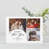Elegant Modern Trendy Happy New Year 3 Photo Feestdagenkaart (Staand voorkant)