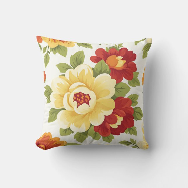Elegant Modern Trendy Stijlvol Rood Geel Bloemmoti Kussen (Voorkant)