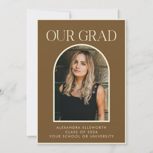 Elegant Modern Two Photo Brown Arch Afstuderen Aankondiging (Voorkant)