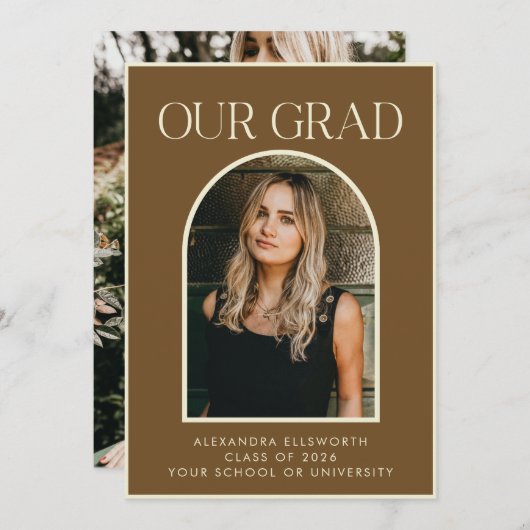 Elegant Modern Two Photo Brown Arch Afstuderen Aankondiging (Voorkant / Achterkant)