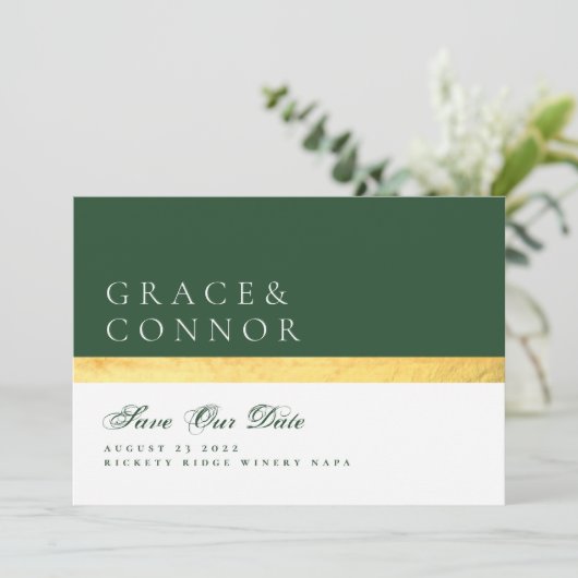 Elegant Modern Two Tone Green Golden Photo Save The Date (Staand voorkant)