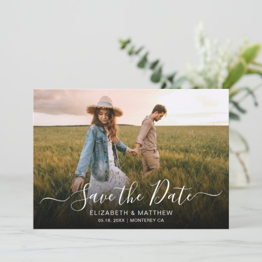 Elegant Modern Typografie Script One Photo Wedding Save The Date (Staand voorkant)