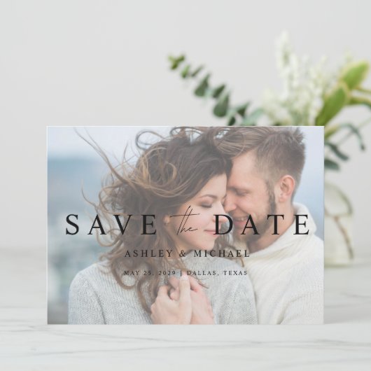 Elegant modern Vellum Overlay 3 foto Verloving Save The Date (Staand voorkant)