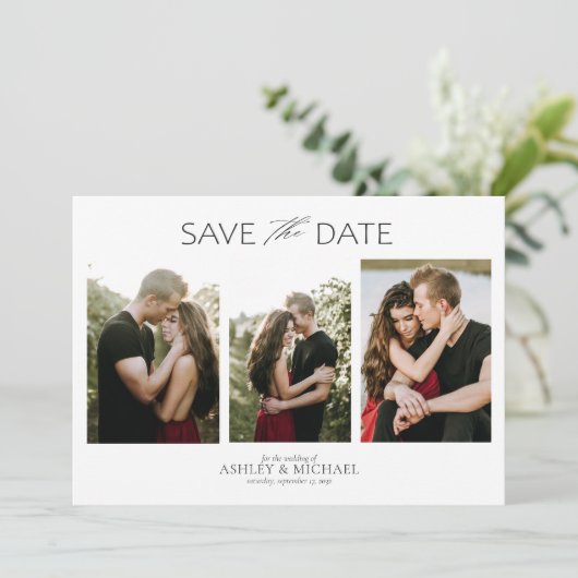 Elegant modern Verloving 4 Foto slaat de datum op Save The Date (Staand voorkant)