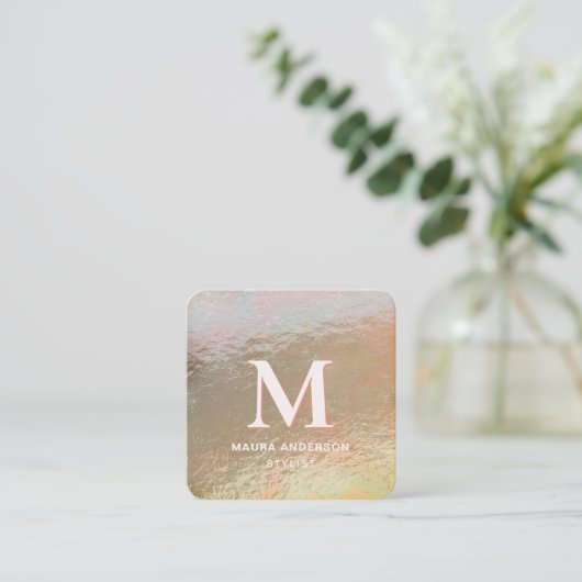 Elegant modern verpletterd faux goud roze monogram vierkante visitekaartje (Staand voorkant)