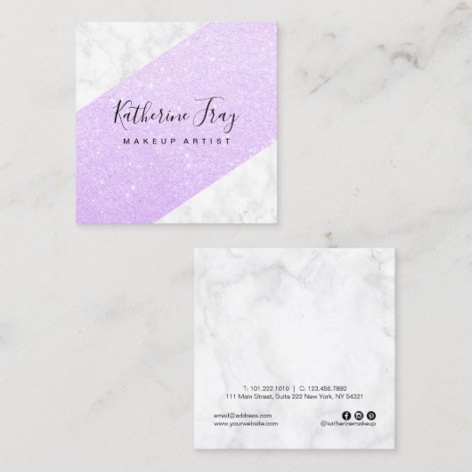 Elegant modern violet glitter white marble make ke vierkante visitekaartje (Voorkant / Achterkant)