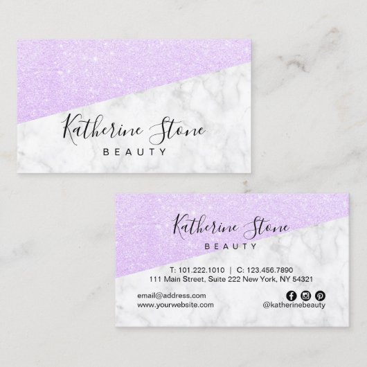 Elegant modern violet glitter & witte marmer visitekaartje (Voorkant / Achterkant)