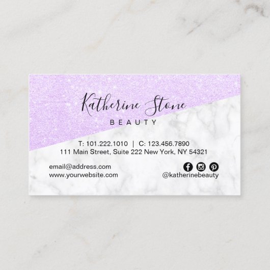 Elegant modern violet glitter & witte marmer visitekaartje (Achterkant)