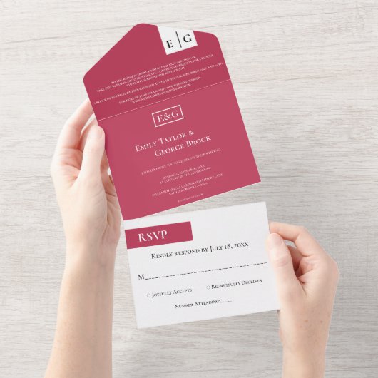 Elegant Modern Viva Magenta Monogram Weddenschap All In One Uitnodiging (Afscheurbaar)