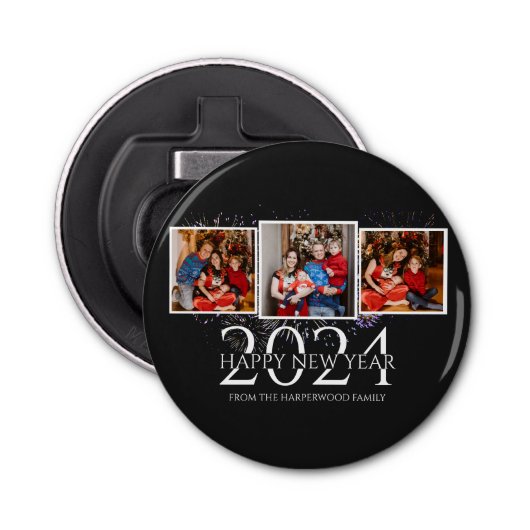 Elegant modern vuurwerk Gelukkig Nieuwjaar Drie Fo Button Flesopener (Voorkant)