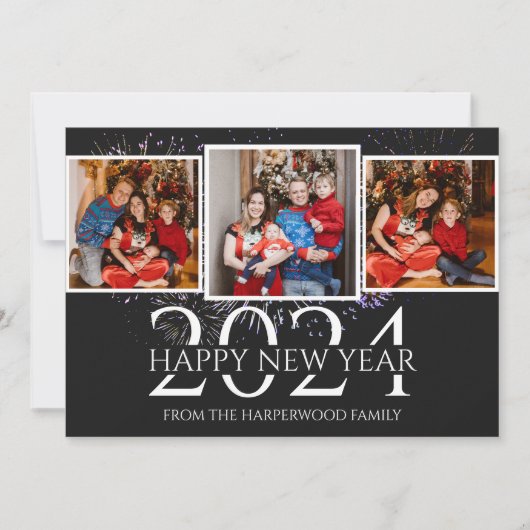 Elegant modern vuurwerk Gelukkig Nieuwjaar Drie Fo Feestdagenkaart (Voorkant)