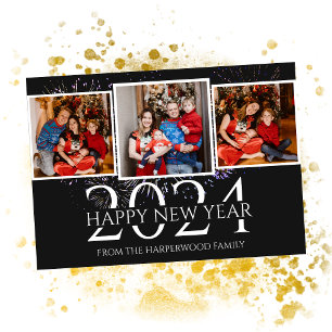 Elegant modern vuurwerk Gelukkig Nieuwjaar Drie Fo Feestdagenkaart