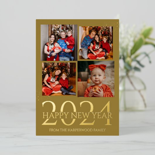Elegant modern vuurwerk Gelukkig Nieuwjaar Vier Fo Folie Feestdagenkaart (Staand Voorkant)