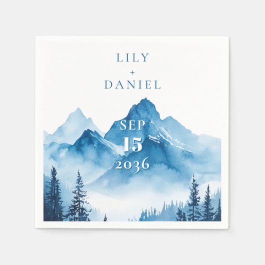 Elegant Modern Waterverf Blauw Bergen Trouw Servet (Voorkant)