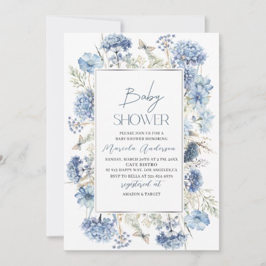 Elegant Modern Waterverf Blue Flowers Baby Showe Kaart (Voorkant)