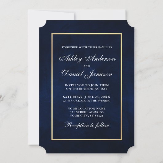 Elegant modern Waterverf Blue Gold Wedding Tkt Kaart (Voorkant)