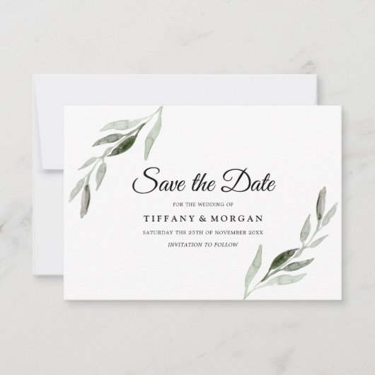 Elegant modern Waterverf Green Leaf Wedding Save The Date (Voorkant)