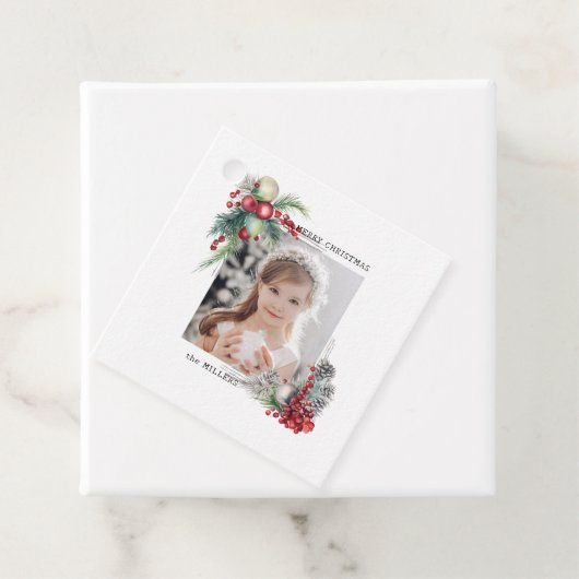 Elegant Modern Waterverf Kerst Bloemen Foto Bedankjes Labels (In situ)