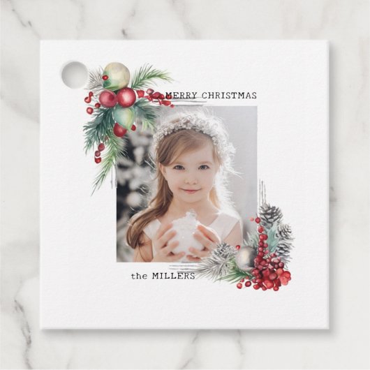 Elegant Modern Waterverf Kerst Bloemen Foto Bedankjes Labels (Voorkant)