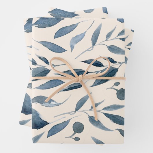 Elegant Modern Waterverf laat patroonblauw Inpakpapier Vel (In situ)