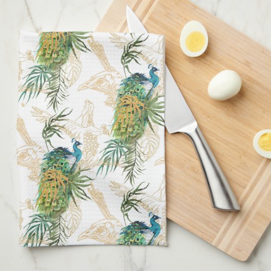 Elegant modern Waterverf Peacock Floral Pattern Theedoek (Quarter Fold)