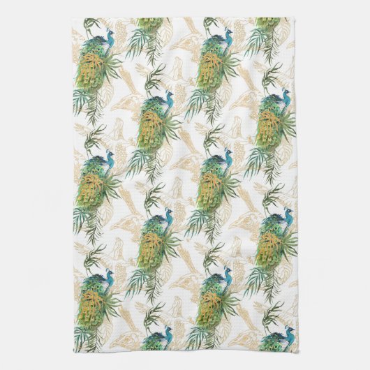 Elegant modern Waterverf Peacock Floral Pattern Theedoek (Verticaal)