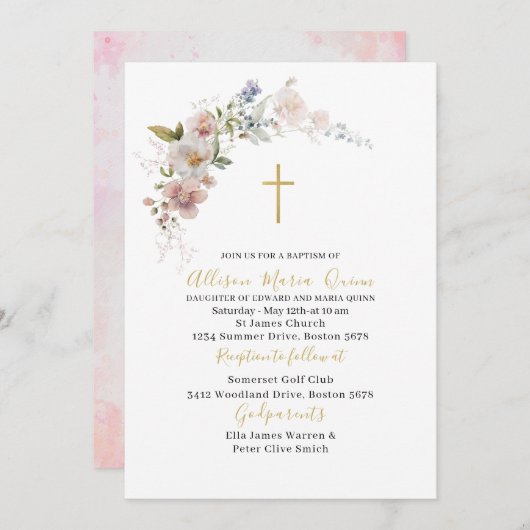 Elegant Modern Waterverf Roze Bloemen Doop Kaart (Voorkant / Achterkant)